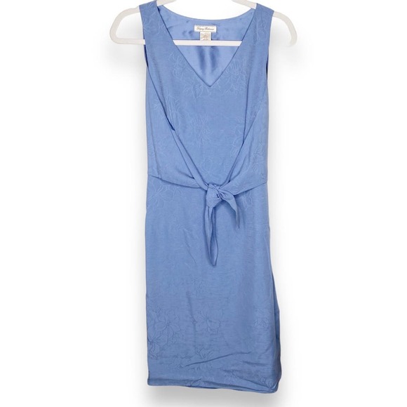 Tommy Bahama 100% Silk Blue Wrap Front Stamped Floral Print Chambray Dress 4 - Picture 1 of 8